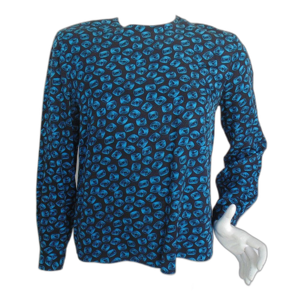 Vintage ALBERT NIPON Silk Blouse/Tunic, 8, Black/Blue, Geometric swirl